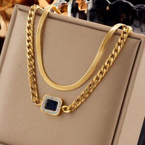 18K Gold Plated Layered Necklace with Blue Simulated Stone, Cuban Link